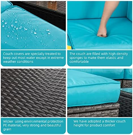 Shintenchi 7 Pieces Patio Furniture Sets Outdoor All-Weather Sectional Patio Sofa Set PE Rattan Manual Weaving Wicker Patio Conversation Set with Glass Table&Ottoman Cushion and Red Pillows, Blue