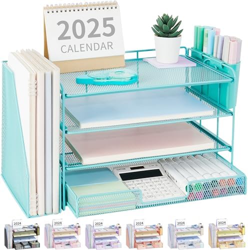 OPNICE Desk Organizer, 4-Tier Desktop File Organizer with Drawer and Pen Holders, Office Desk Accessories, File Sorters, Workspace Organizers for Office Supplies(Teal Blue)