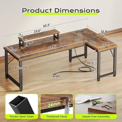 PRAISUN 53" L Shaped Computer Desk, Outlets, Monitor Stand, Rustic Brown