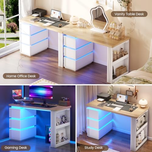 Vlsrka 47.2" Home Office Desk with 3 Drawers and Shelves, Power Outlets