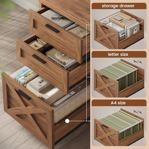 SEDETA 67" Farmhouse L Shaped Desk with 3 Drawers, Executive Home Office Desks with Storage Shelves, Corner Computer Desk with Power Outlets for Home Office, Brown