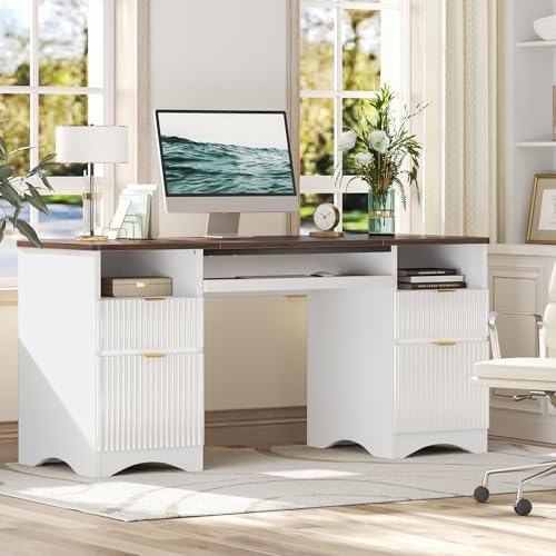 Bestier Computer Desk with Keyboard Tray, 59 inch Office Desk with 4 Drawers, Modern Home Office Desk with File Drawer (Walnut with White, 59" W with Double-Sided Drawers)