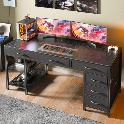 Huuger Computer Desk with 6 Drawers, Office Desk with Shelves, Reversible Gaming Desk, Corner Desk with Storage, Work for Home Office, Study, Living Room, 54inch, Black
