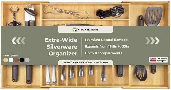 KitchenEdge Premium Silverware, Flatware and Utensil Organizer for Kitchen Drawers, Food-Safe Contract Grade, Expandable from 18 to 33 In, Natural Bamboo