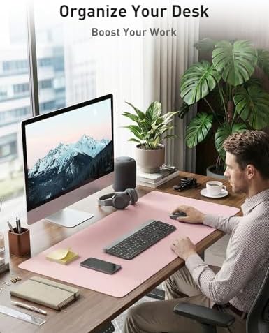 Aothia Faux Leather Desk Mat - Non-Slip PU Leather Desk Blotter, Waterproof Writing Surface, Large Desk Pad for Office & Home (Fairy Pink, 55" x 17")