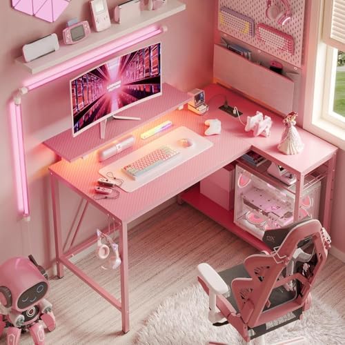 Bestier 42-Inch Pink L-Shaped Gaming Desk with Charging & LED