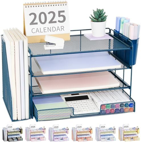 OPNICE Desk Organizer, 4-Tier Desktop File Organizer with Drawer and Pen Holders, Office Desk Accessories, File Sorters, Workspace Organizers for Office Supplies(Dark Blue)