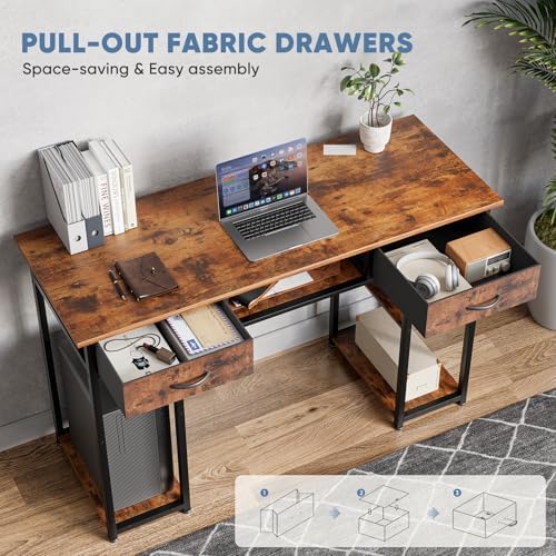 DUMOS 48-Inch Computer Desk with Drawers and Hook, Brown