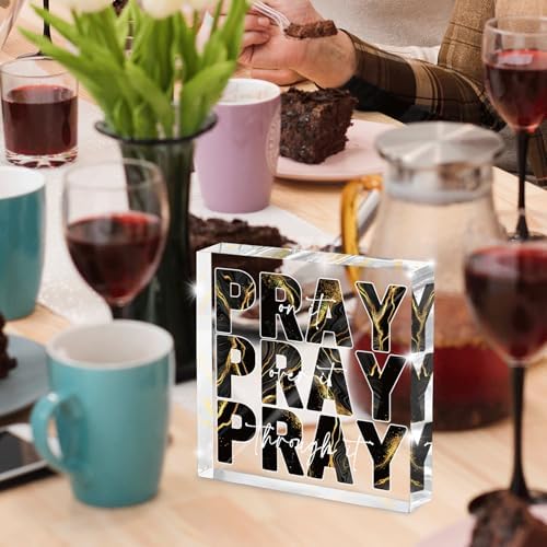 Black Gold Desk Decorations for Office, Ideal Christian Gifts for Women - Pray On It,Pray Over It - Bible Verse Desk Art, Inspirational Decor, Dorm Room Decor for Women, 4 x 4 inches(Black Gold)
