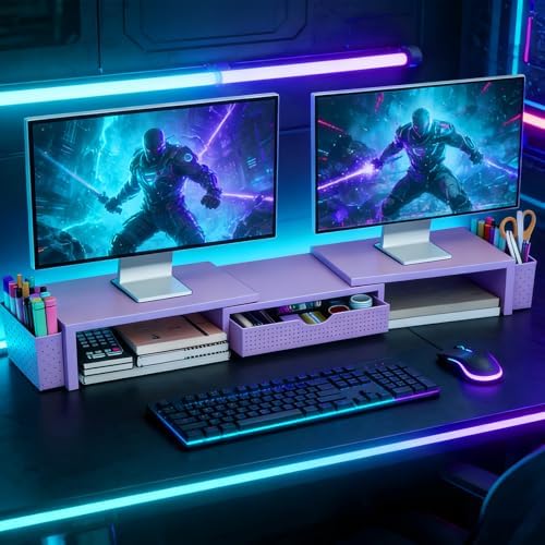 Spacrea Metal Desk Organizers and Accessories, Dual Monitor Stand Riser with Drawer and 2 Pen Holders, Desk Accessories & Workspace Desktop Organizers for Office Supplies (Purple)
