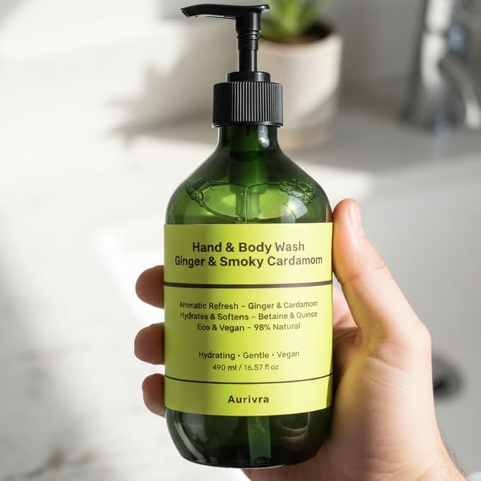 Hydrating Ginger & Smoky Cardamom Hand and Body Wash, 98% Natural, Vegan, Gentle Moisturizing Cleanser for All Skin Types, Paraben & Gluten-Free, Eco-Certified