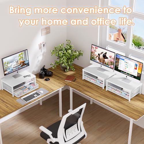 OPNICE Computer Monitor Stand Riser, Desk Organizer with Drawer, Printer & Laptop Stand, Office Desk Accessories & Workspace Desktop Organizers Storage for Office Supplies(White)