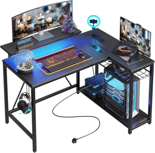 Bestier 42-Inch L-Shaped Computer Desk with Charging & LED, Black