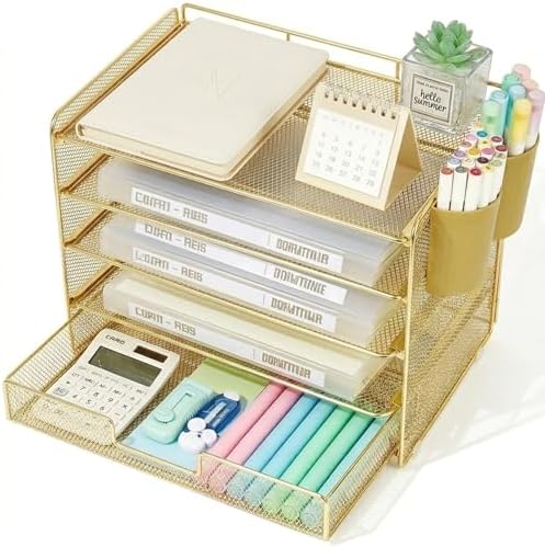 LEKETREE Desk Organizers and Accessories, 5-Tier Paper Letter Tray Organizer with Drawer & 2 Pen Holders, Desktop Organizer for Office Supplies (Gold)