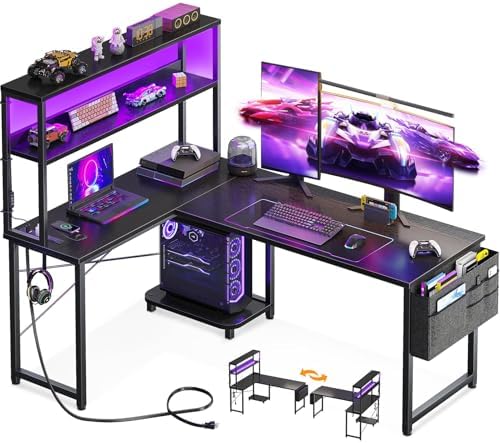 AODK L Shaped Desk Gaming Desk with LED Light & Power Outlet
