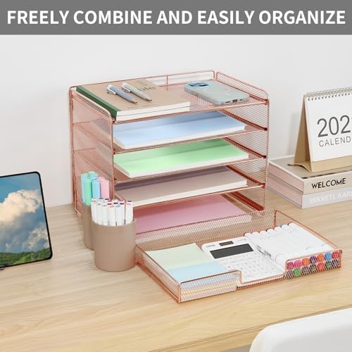 LEKETREE Desk Organizer and Accessories, 5-Tier Paper Letter Tray Organizer with Drawer & 2 Pen Holders for Desktop File Organization, Office Desk Accessories for Supplies Storage (Rose Gold)