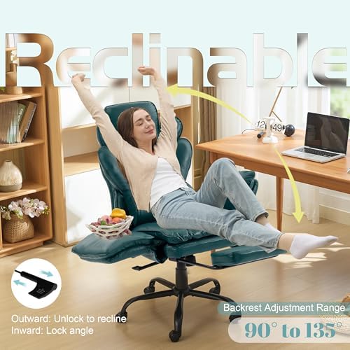 Flip Armrests Criss Cross Office Chair, Reclining Office Chair with Foot Rest, Adjustable Headrest, Massage Waist Pillow, Cross Legged Big and Tall Desk Chair Wide Seat Vanity Chair, Green PU Leather