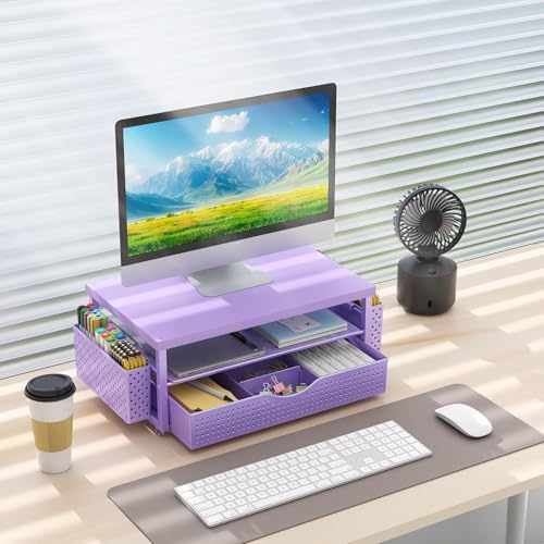 gianotter Desk Organizers and Accessories, Monitor Stand with Drawer and 2 Pen Holder, Desktop Organizer Suitable for Offices and Dormitories (Matte Purple)