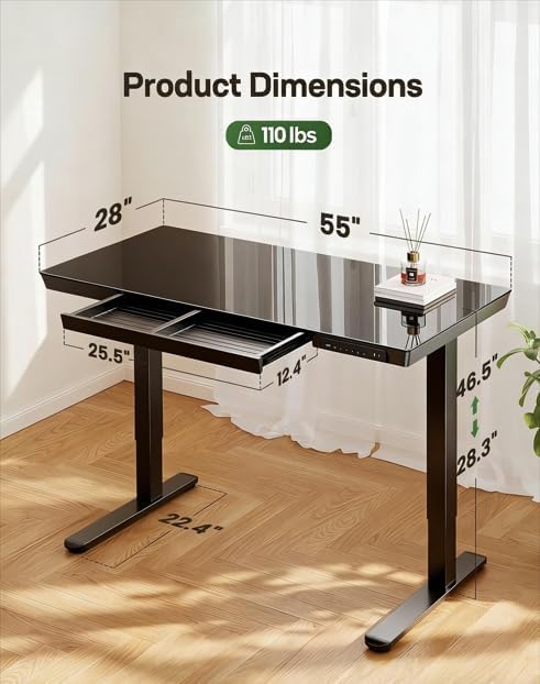 Marsail Glass Standing Desk, 55 x 28 Inch Electric Standing Desk