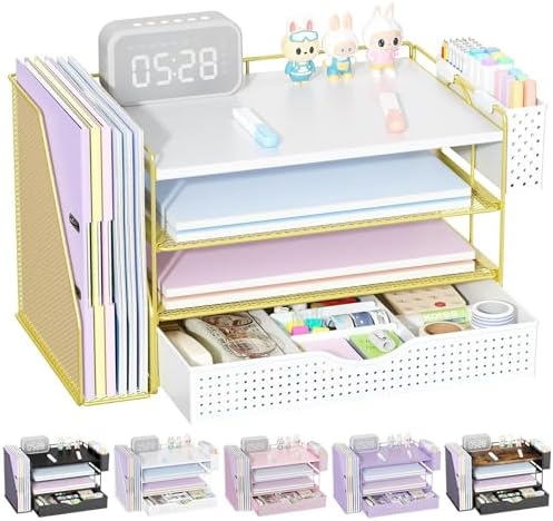 Wood Desk Organizers and Accessories with File Holder, 4-Tier Desk Accessories & Workspace Organizers with Drawer and Pen Holder, Desk Reference Organizer (Gold, 4T with Drawer)