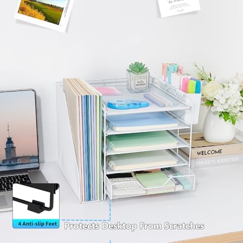 5-Tier Desk File Organizer with Drawer & Pen Holder (White)