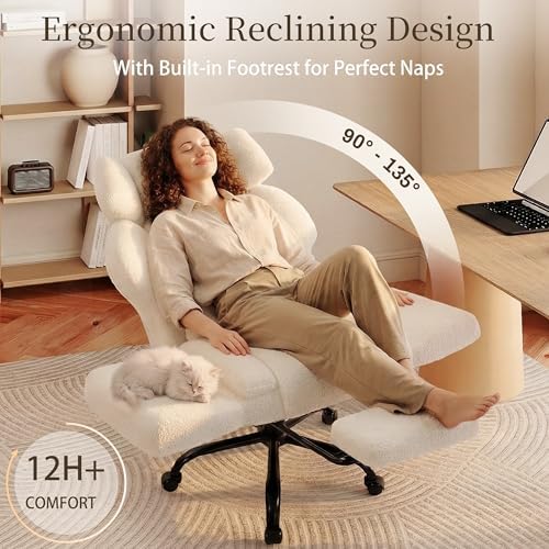 Office Chair with Flip Armrests,Big and Tall Office Chair with Foot Rest,Extra Wide Seat & Lumbar Pillow,Ergonomic Computer Gaming Chair,Comfy Criss Cross Chair for Pets Sitting,Teddy Fleece,White