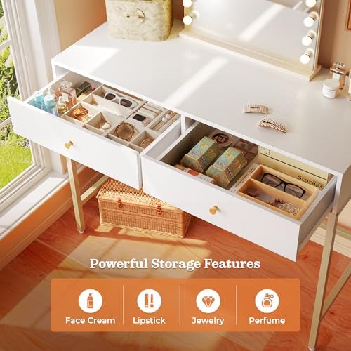 SUPERJARE 39.4" White and Gold Desk with 2 Drawers, Modern Makeup Desk
