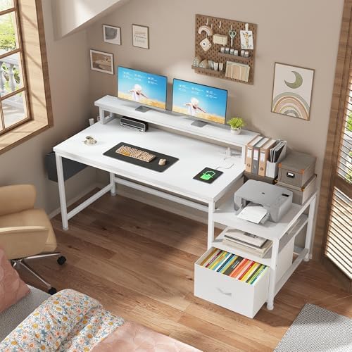 EnHomee 56.5" Office Desk with Drawers & Printer Space for Home Work,White
