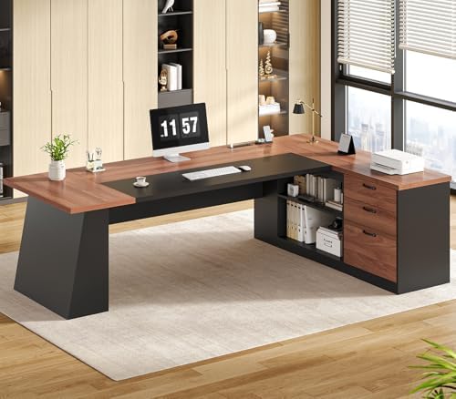 UPOSOJA 78.7" L Shaped Executive Desk with Power Outlets, Extra Large Office Desk with Drawers & File Cabinet, Modern Corner Computer Desk with Storage Shelves, Business Furniture, Walnut & Black