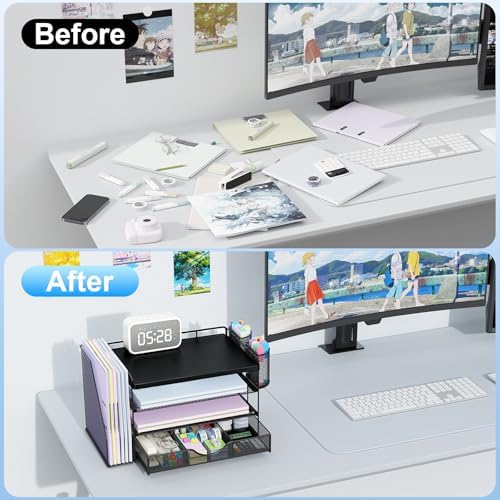 gianotter Wood Desk Organizers and Accessories with File Holder, 4-Tier Desk Accessories & Workspace Organizers with Drawer and 2 Pen Holder, Desk Reference Organizer (Black, 4T with Metal Drawer)