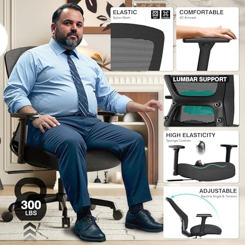 ELABEST Mesh Office Chair,Ergonomic Computer Desk Chair,Sturdy Task Chair- Adjustable Lumbar Support & Armrests,Tilt Function,Comfort Wide Seat,Swivel Home Office Chair (Noir Black)