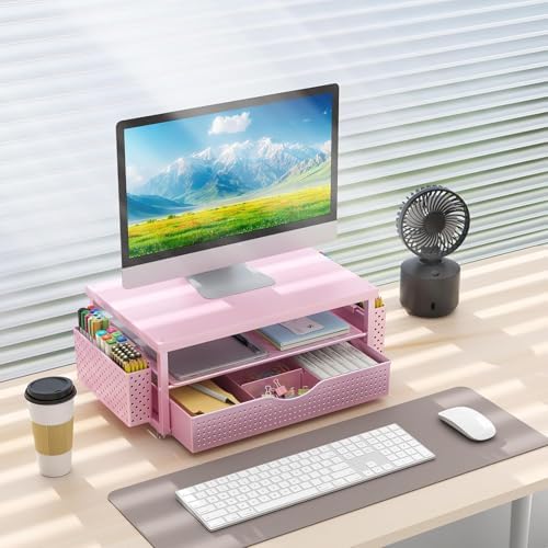 gianotter Desk Organizers and Accessories, Monitor Stand with Drawer and 2 Pen Holder, Desktop Organizer Suitable for Offices and Dormitories (Matte Pink)