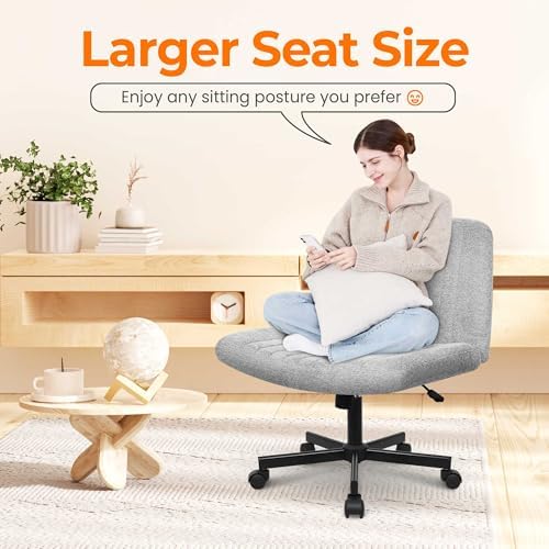 NEO CHAIR Criss Cross Chair with Wheels Home Office Cross Legged Armless Chairs Ergonomic Adjustable Computer Desk Task Wide Seat for Bedroom Vanity Comfy Swivel (Grey)