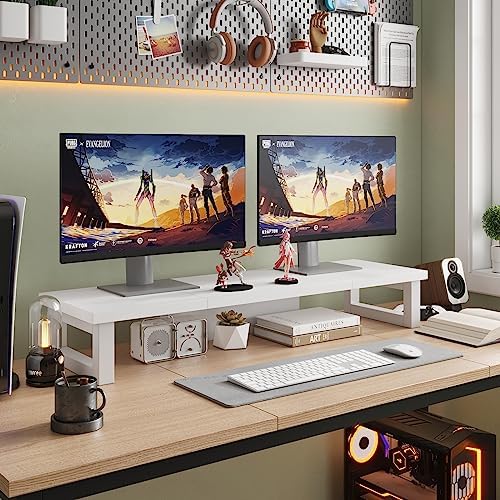 WESTREE Dual Monitor Stand Riser, Wood and Steel Monitor Stand Riser, Computer Monitor Stand for 2 Monitors, Multi-Purpose Desktop Storage Stand for Computer,Laptop,Printer,TV