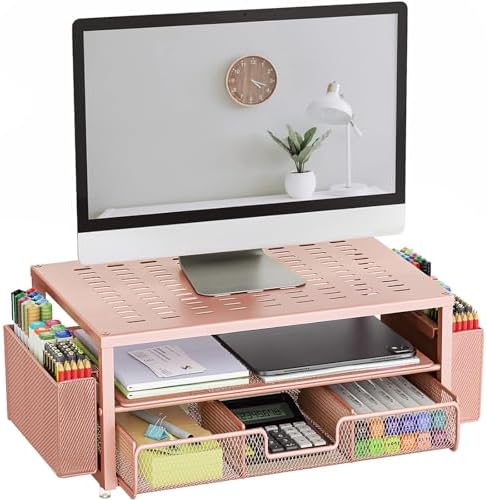 gianotter Desk Organizers and Accessories, Monitor Stand with Drawer and 2 Pen Holder, Desktop Organizer Suitable for Offices and Dormitories (Rose Gold)