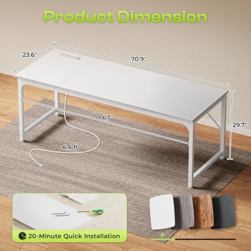PRAISUN 70x24 Inch Computer Desk with Power Outlets & USB-C, White