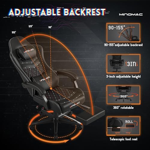 Gaming Chair,Big and Tall Gaming Chair 400lbs Office Chair with Footrest, 90-155° Recline & Removable Headrest Lumbar Support[Spring + 4D Sponge](Black)