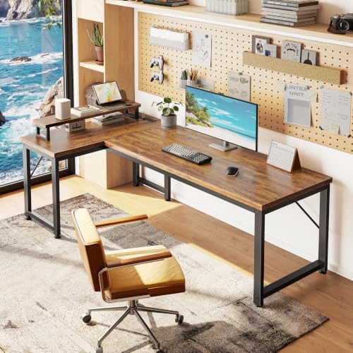 PRAISUN 53" L Shaped Computer Desk, Outlets, Monitor Stand, Rustic Brown