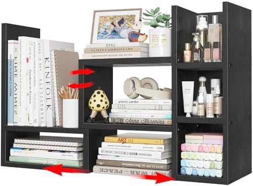NUTIKAS Desk Shelves Desktop Organizer Shlef - Black Office Organization for Top of Desk Organizers and Accessories Corner Bookshelf Table Top Shelving Small Hutch Decorations for Office