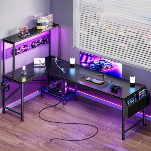 PRAISUN L Shaped Gaming Desk with LED Lights & Power Outlets
