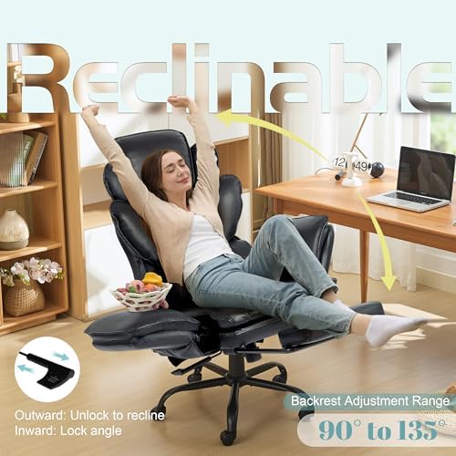 Flip Armrests Criss Cross Office Chair, Reclining Office Chair with Foot Rest, Adjustable Headrest, Massage Waist Pillow, Cross Legged Big and Tall Desk Chair Wide Seat Vanity Chair,Black PU Leather