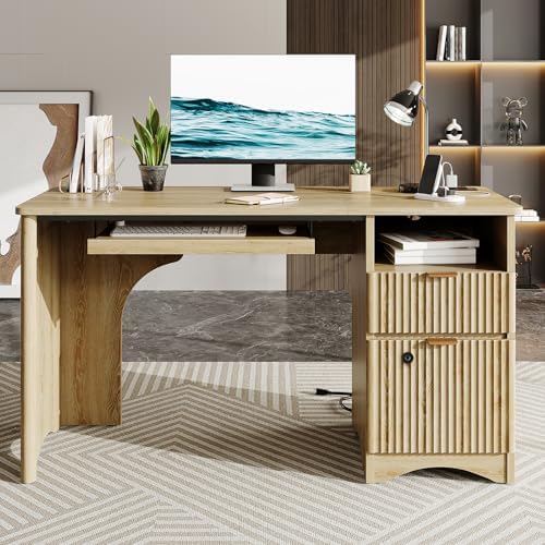 Bestier 55" Desk with Fingerprint Lock & Charging, Keyboard Tray, Oak