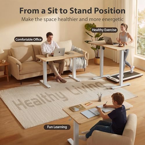 Cubiker Standing Desk, 48x24 Inches Sit Stand Home Office Desk, Electric Stand up Desk, Adjustable Desk with Splice Board, White Frame/Maple Top