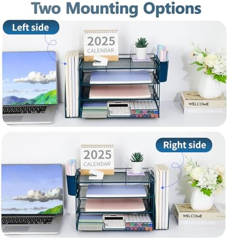 OPNICE Desk Organizer, 4-Tier Desktop File Organizer with Drawer and Pen Holders, Office Desk Accessories, File Sorters, Workspace Organizers for Office Supplies(Dark Blue)