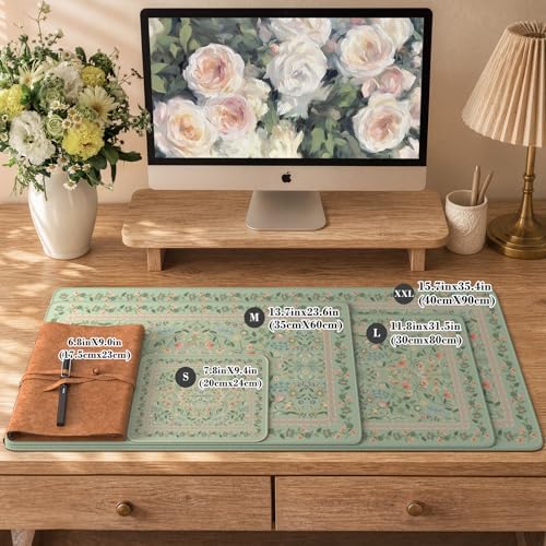 iCasso Aesthetic Floral Desk Mat,31.5x11.8in Mouse Pads,Light Green