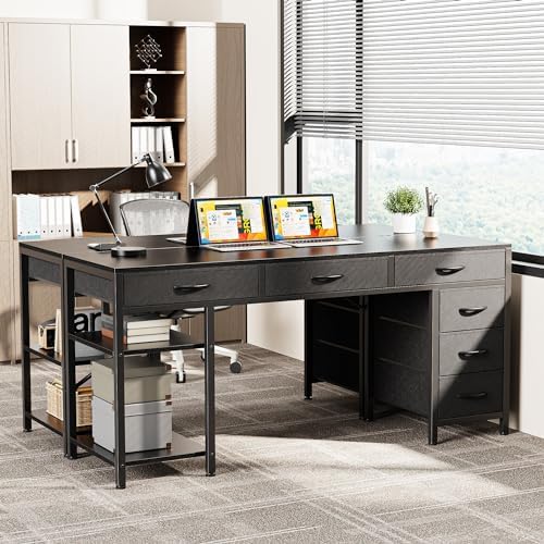 Huuger Computer Desk with 6 Drawers, Office Desk with Shelves, Reversible Gaming Desk, Corner Desk with Storage, Work for Home Office, Study, Living Room, 54inch, Black