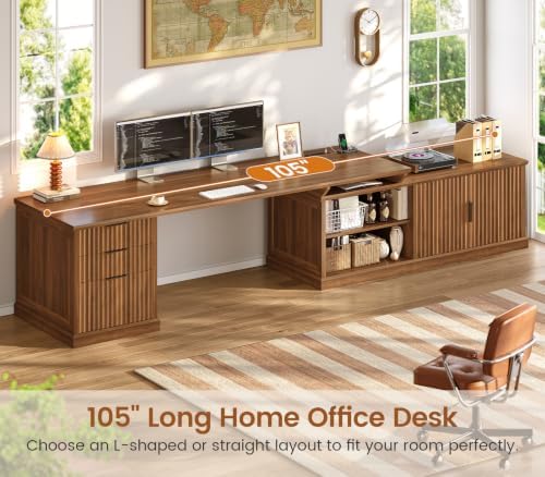 SEDETA Fluted 70.9" L Shaped Desk with Drawers, Fluted Brown