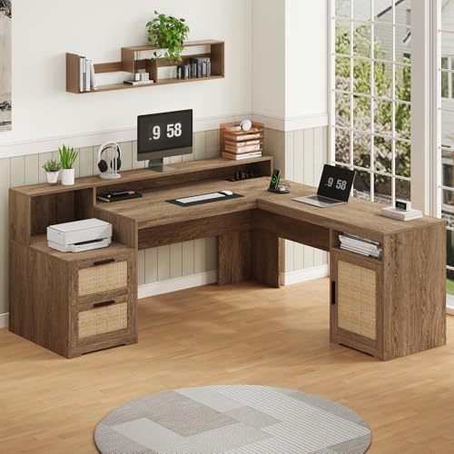 63" Rattan L Shaped Desk with Drawers & Printer Shelf for Home Office