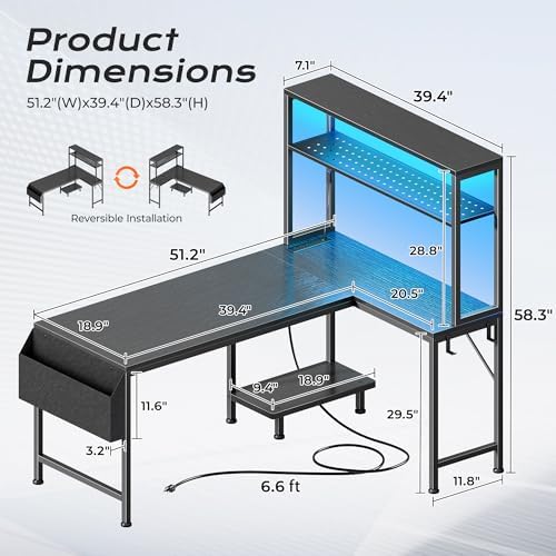 PRAISUN L Shaped Gaming Desk with LED Lights & Power Outlets