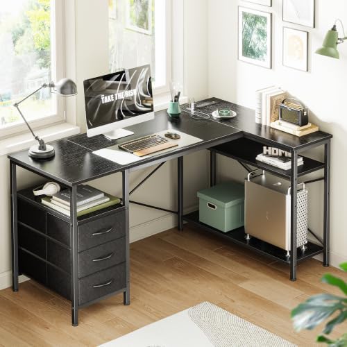 Huuger L Shaped Office Desk with Power Outlets & 3 Drawers